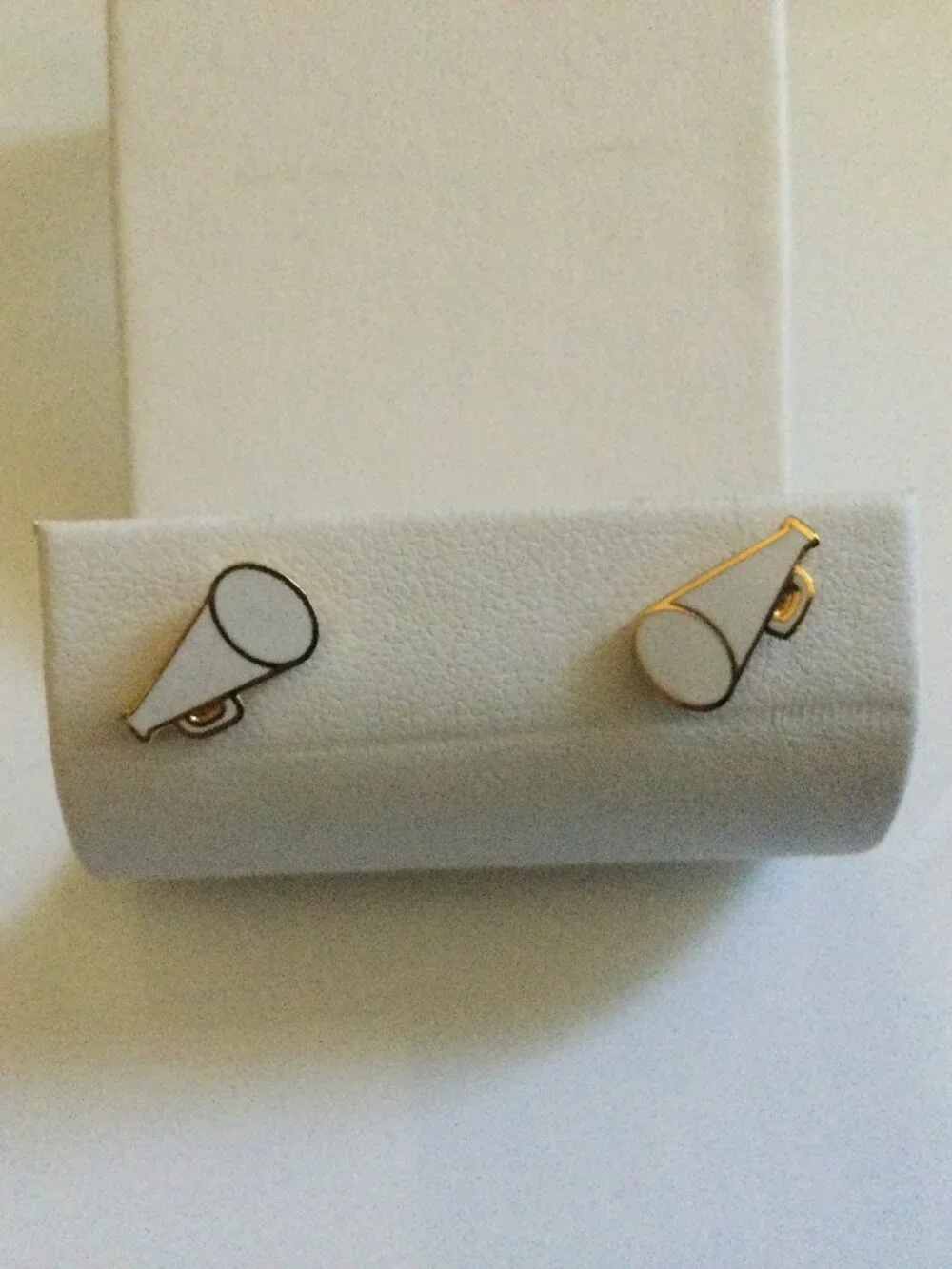 Vintage Gold Tone with White Enamel Megaphone Stud Earrings